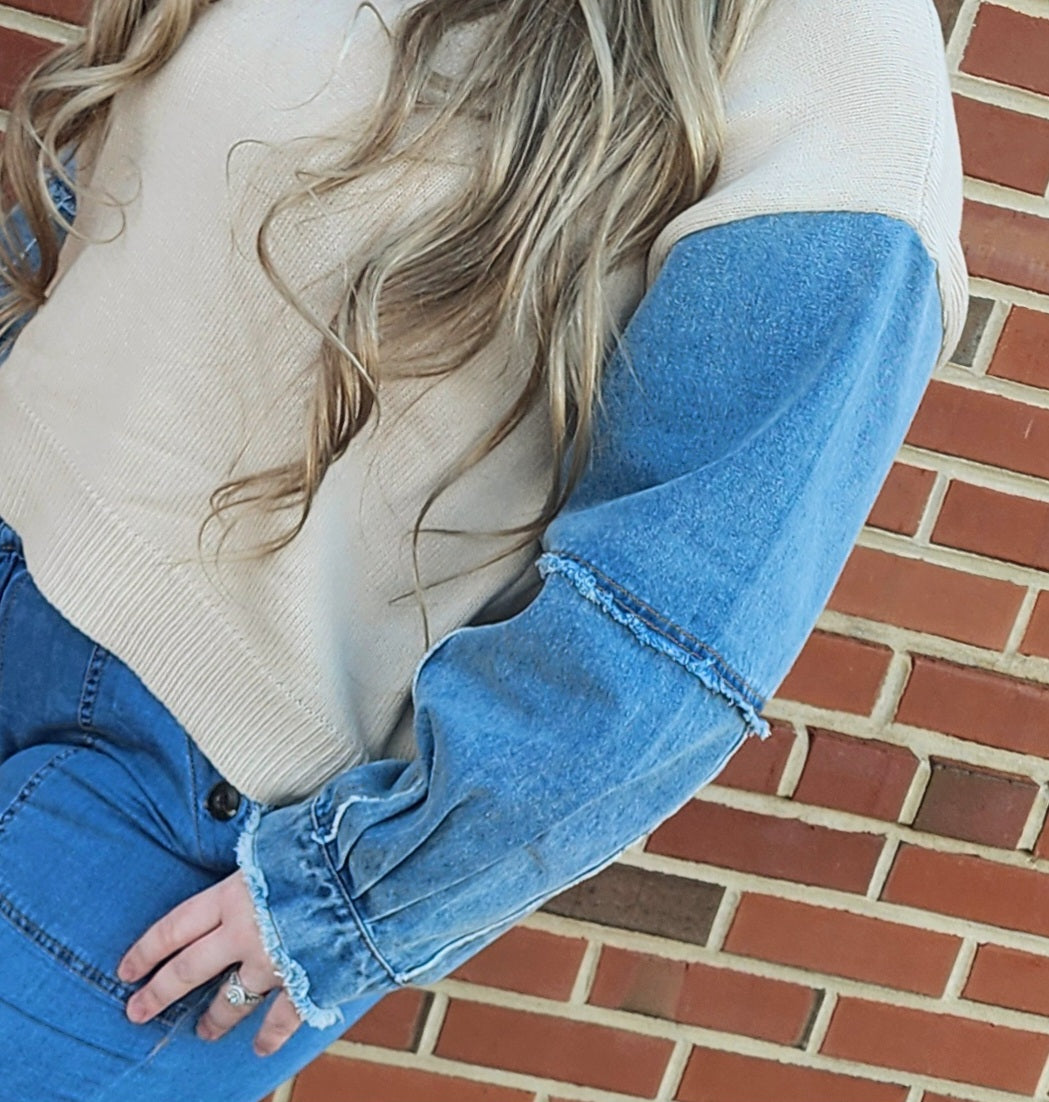 Denim Sleeve Contrast Distressed Sweater Top