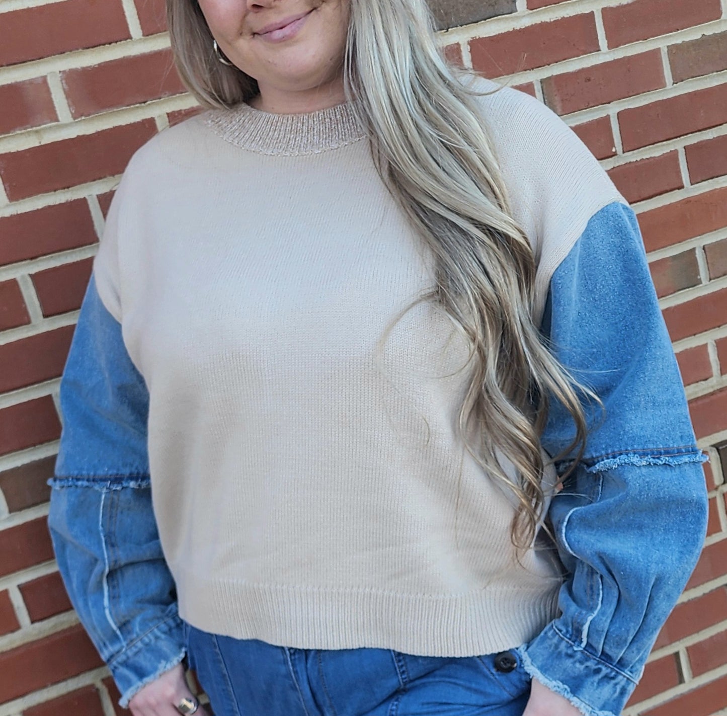 Denim Sleeve Contrast Distressed Sweater Top