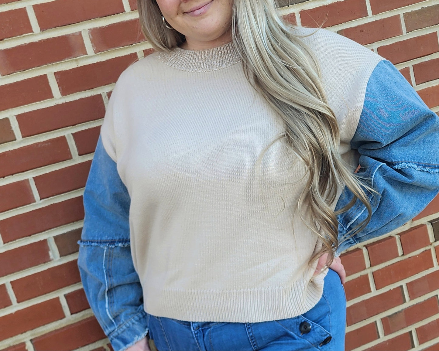 Denim Sleeve Contrast Distressed Sweater Top