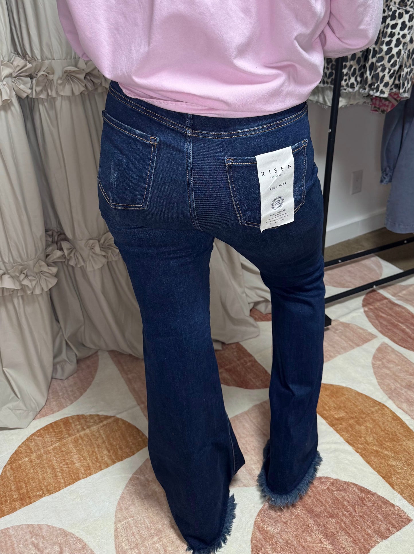 Risen High Rise Flare Frayed Hem Jeans w/Belt