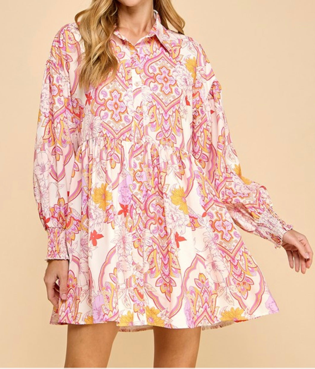 Abstract Print Button Down Shirt Dress