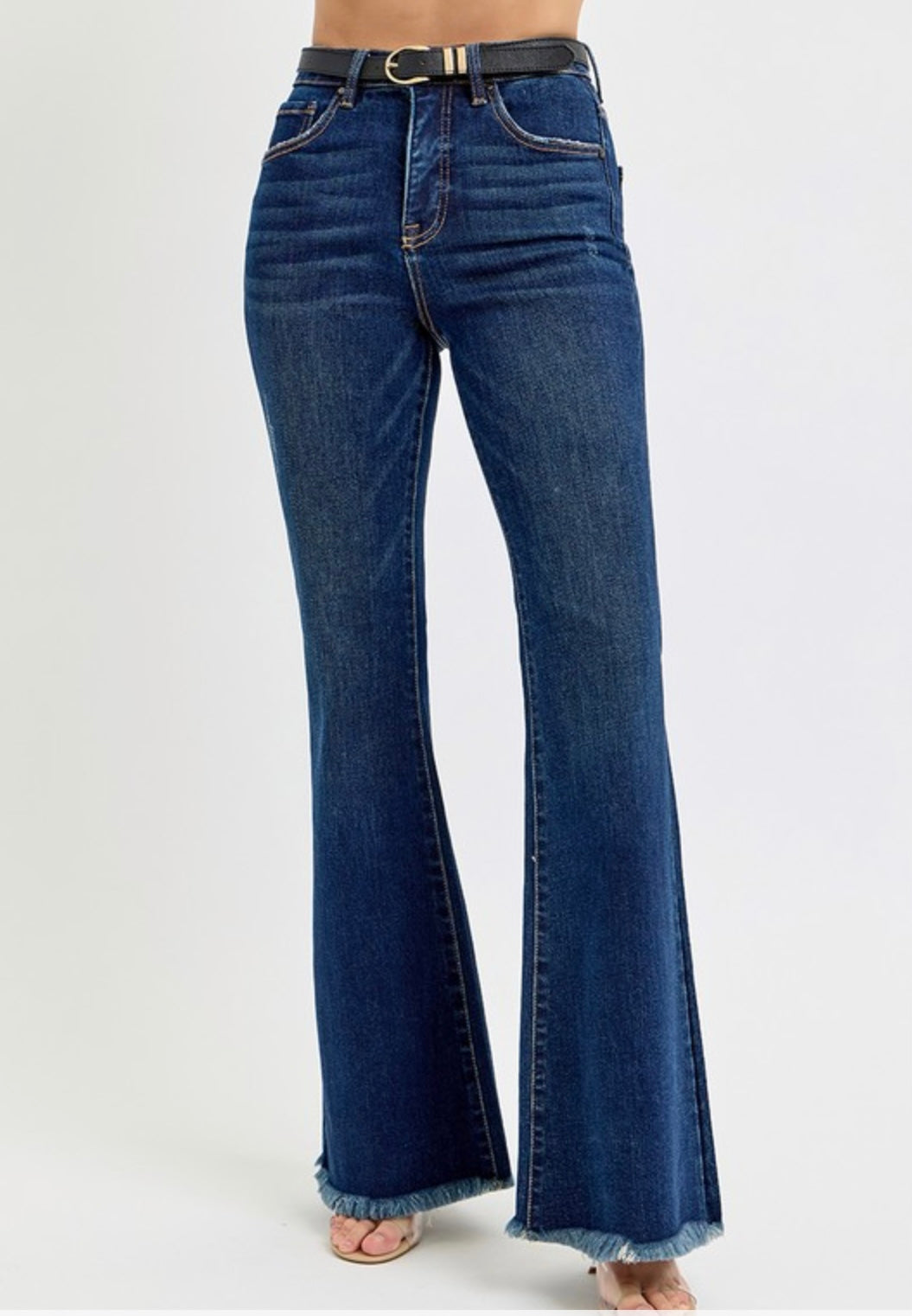 Risen High Rise Flare Frayed Hem Jeans w/Belt