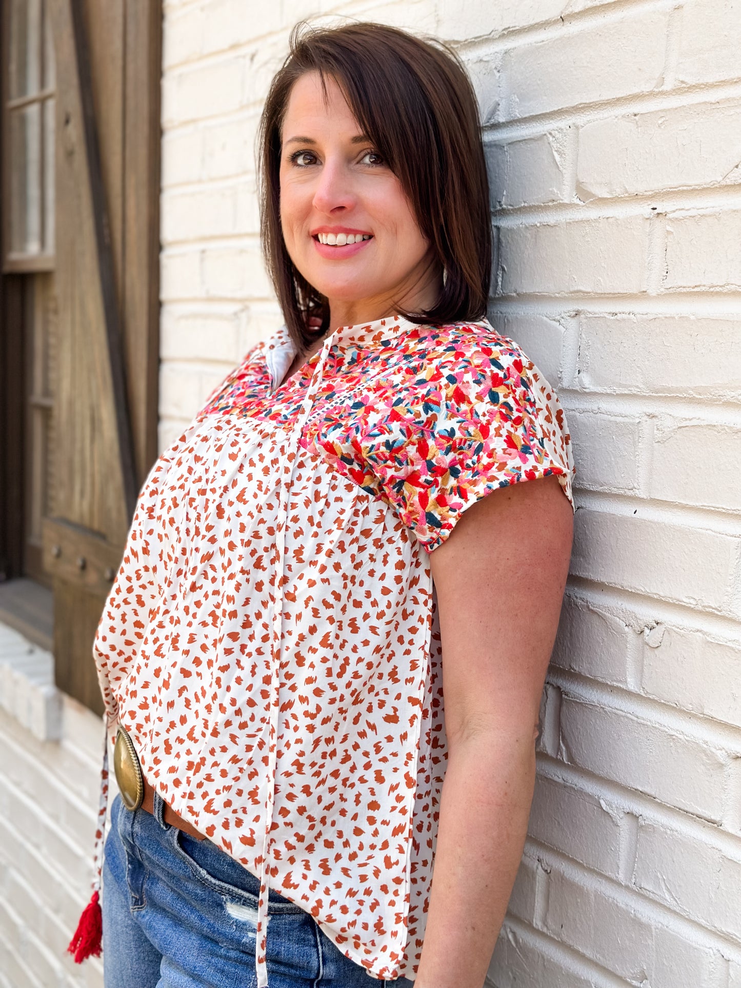 Embroidery Detail Split Neck Blouse