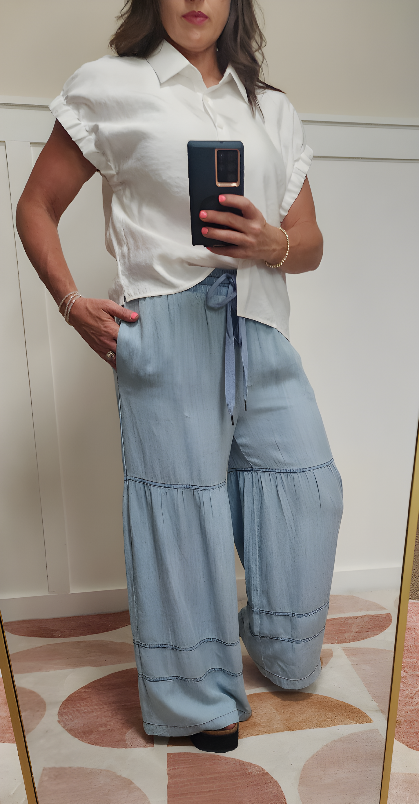 Washed Denim Tiered Wide Leg Pants