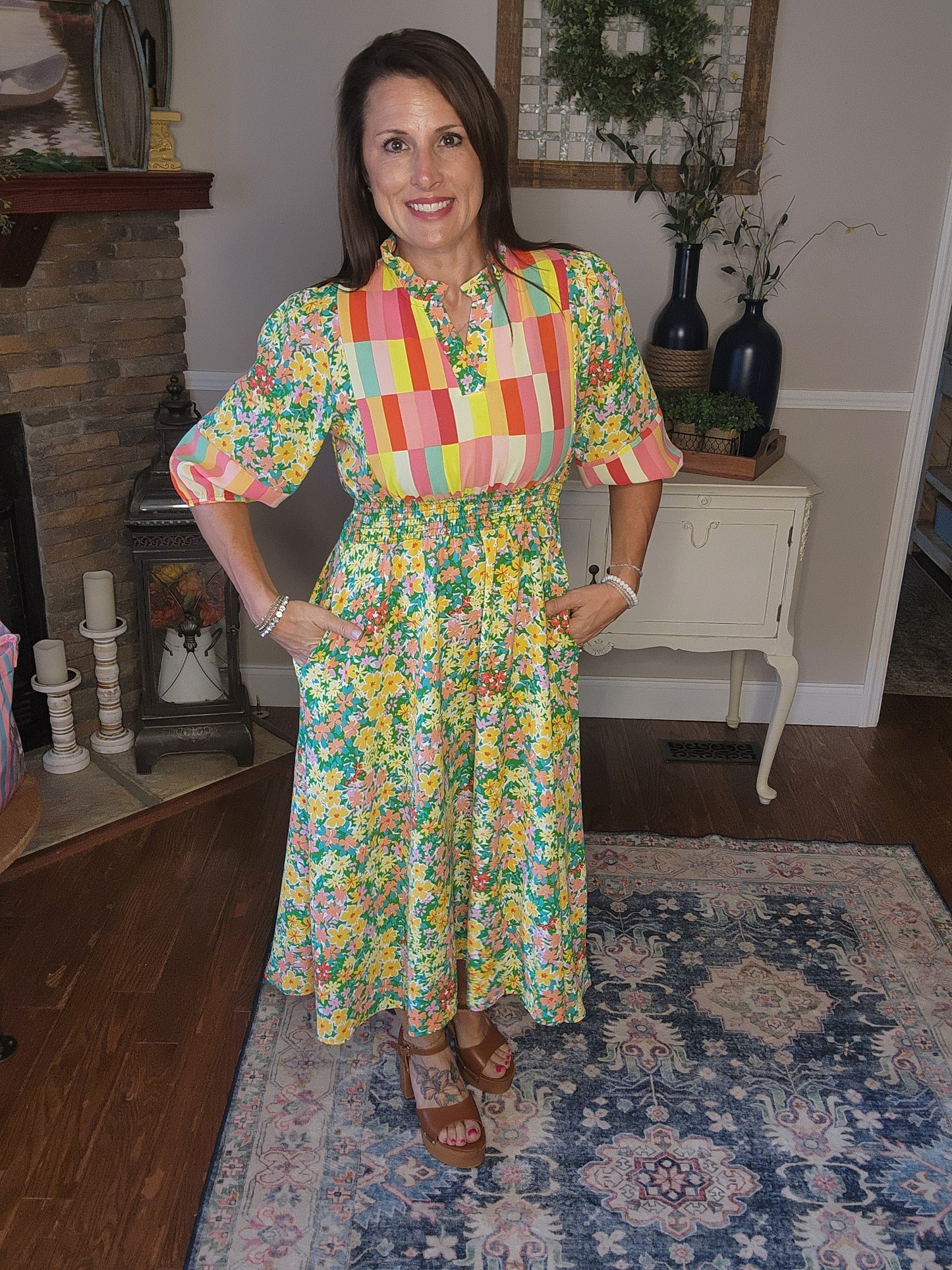 Color Block Yoke/Floral Dress