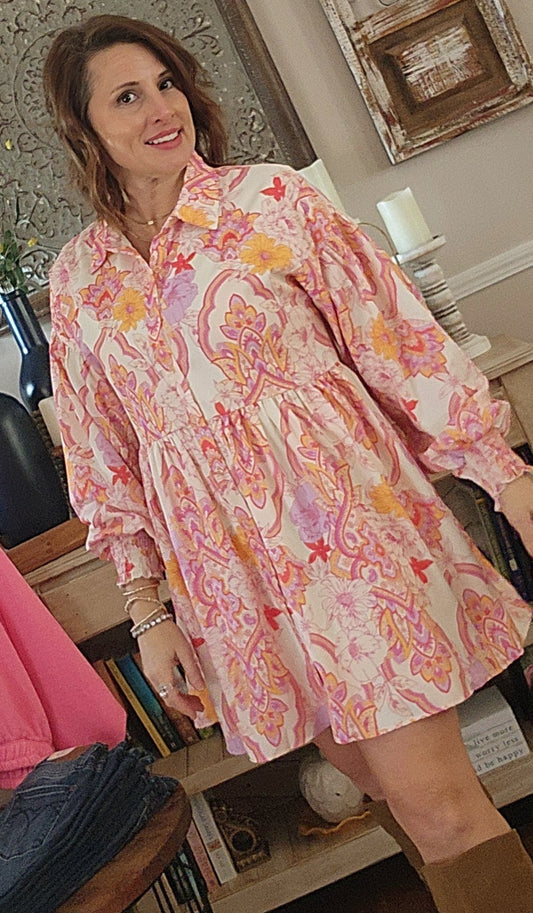 Abstract Print Button Down Shirt Dress