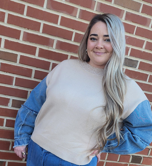 Denim Sleeve Contrast Distressed Sweater Top