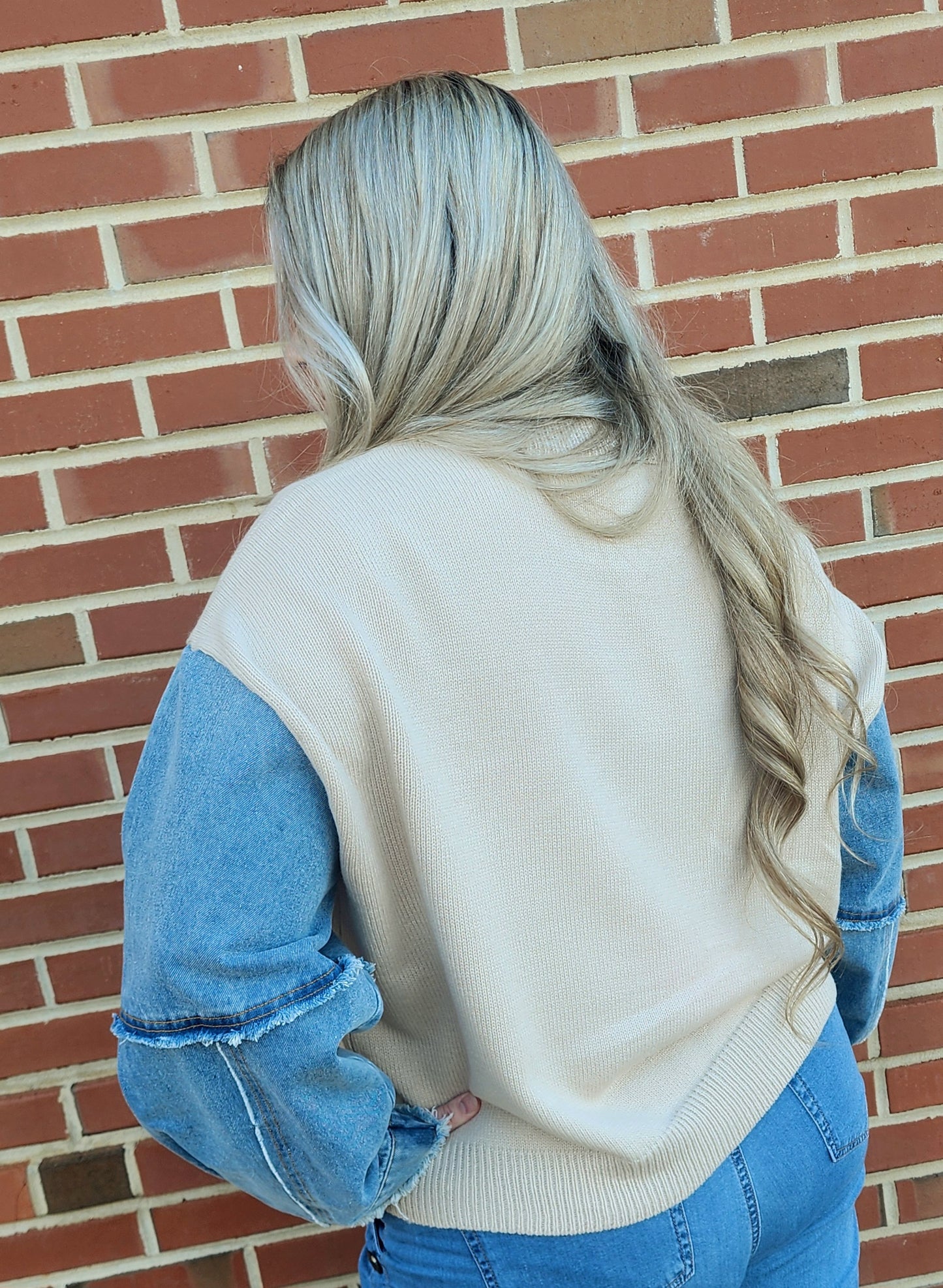 Denim Sleeve Contrast Distressed Sweater Top