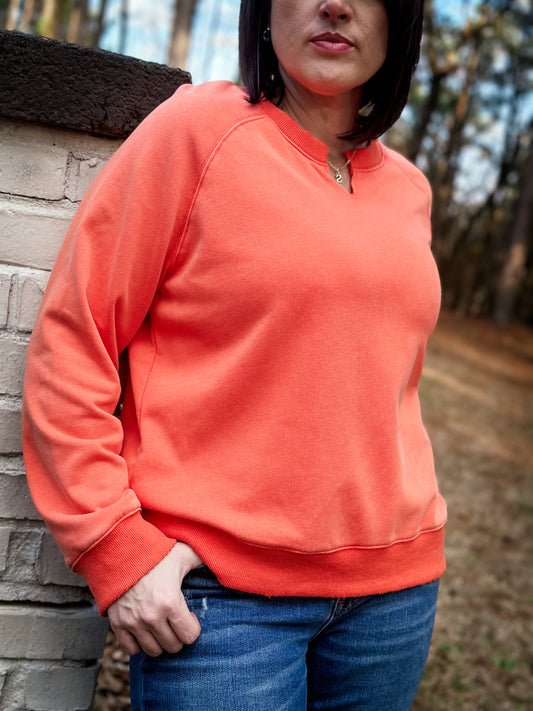 Coral Vintage Washed Terry Knit top with Raglan Sleeves