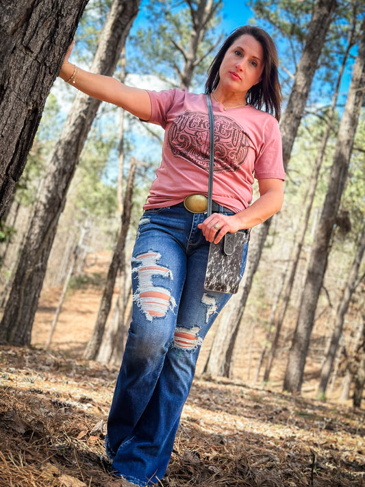 Destroyed mid rise stretch flare jeans