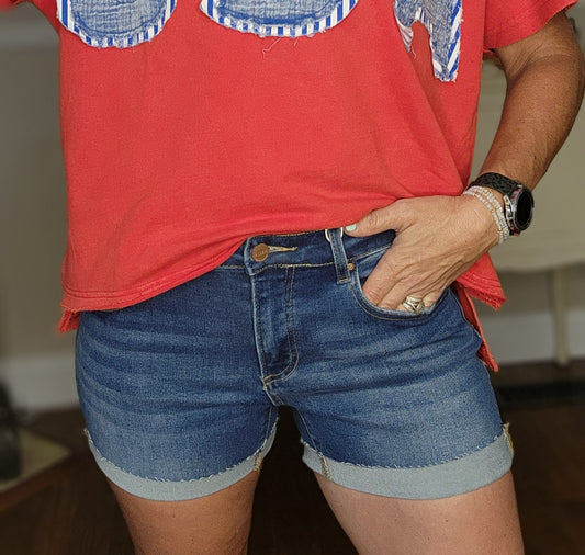 Risen Low Rise Cuffed Shorts, Dark Wash