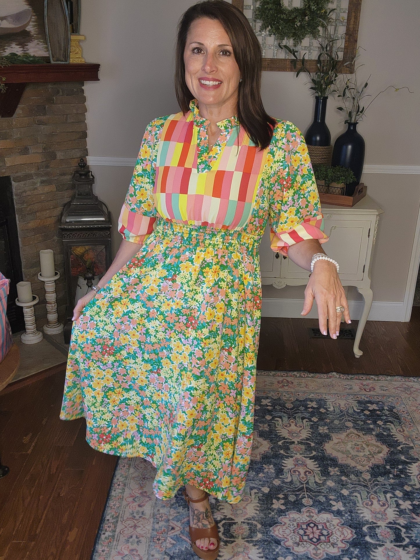 Color Block Yoke/Floral Dress