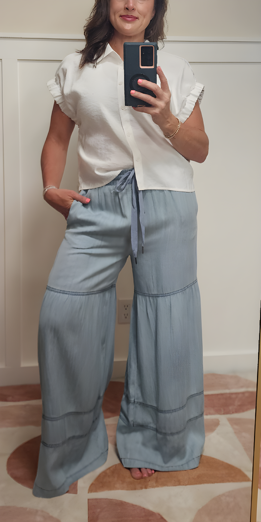 Washed Denim Tiered Wide Leg Pants