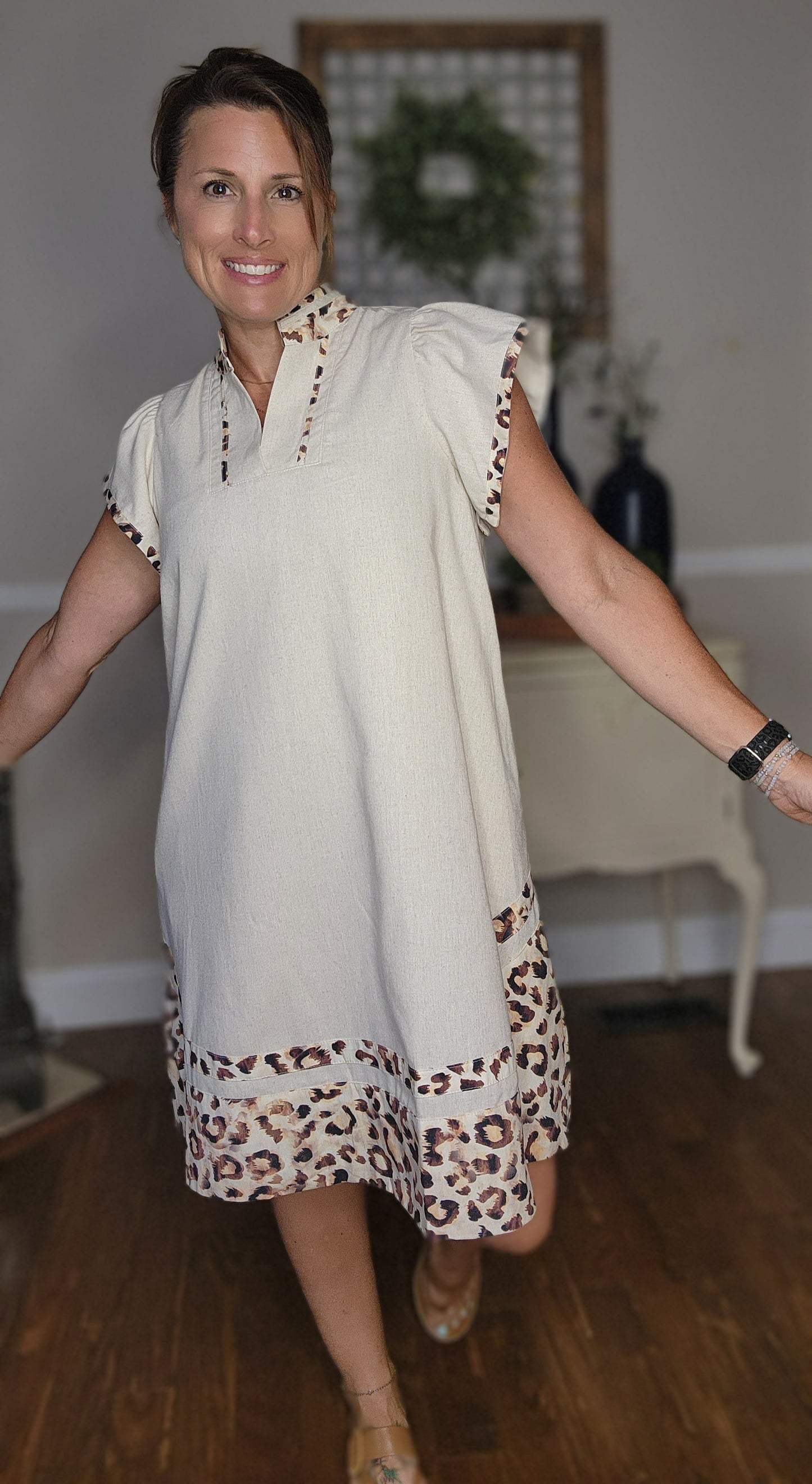 Linen Mini Dress w/Leopard Details