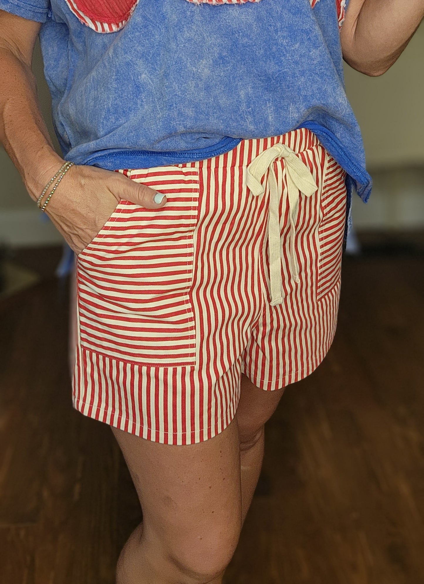 Red&White Striped Shorts with Pockets
