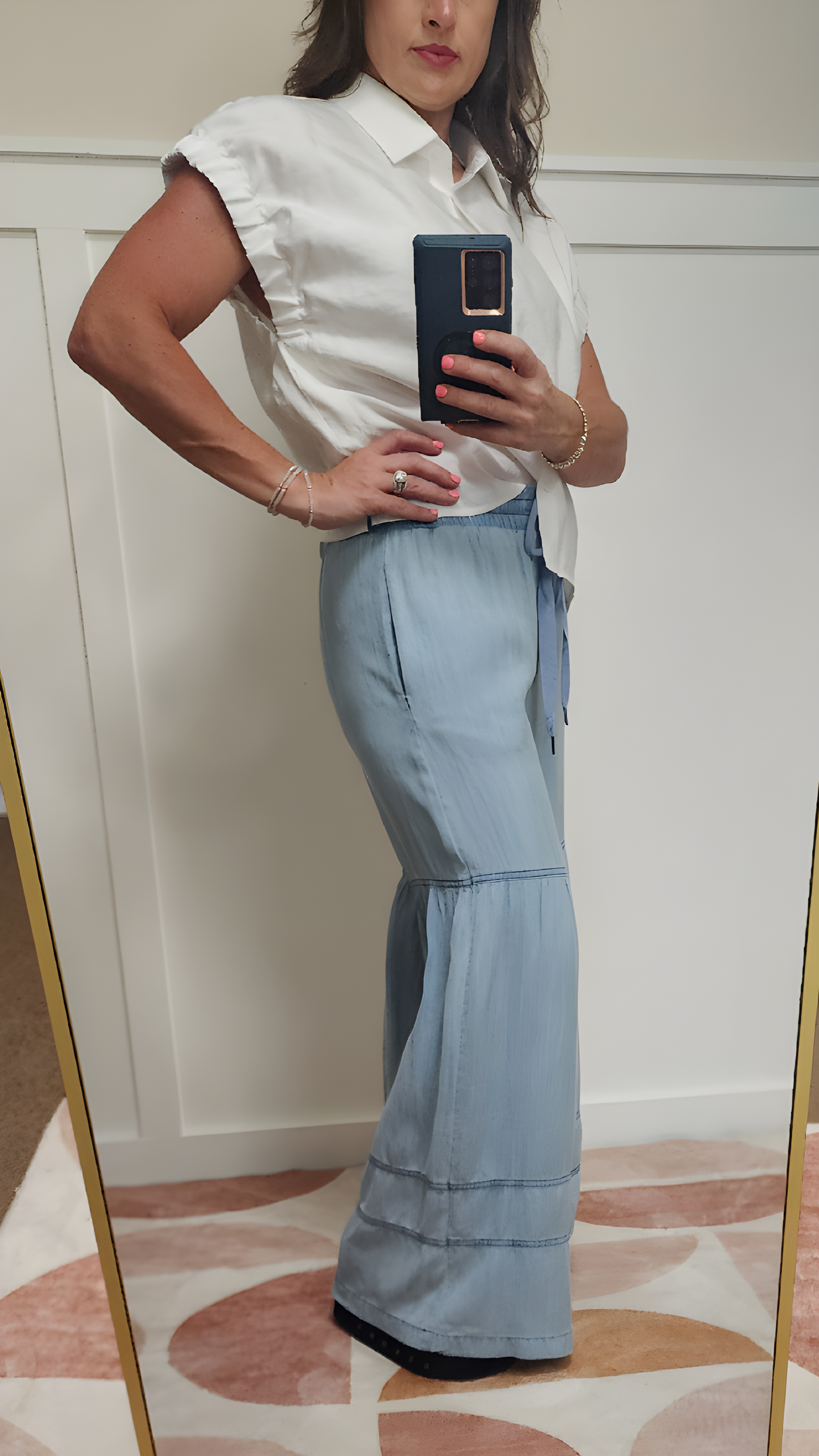 Washed Denim Tiered Wide Leg Pants