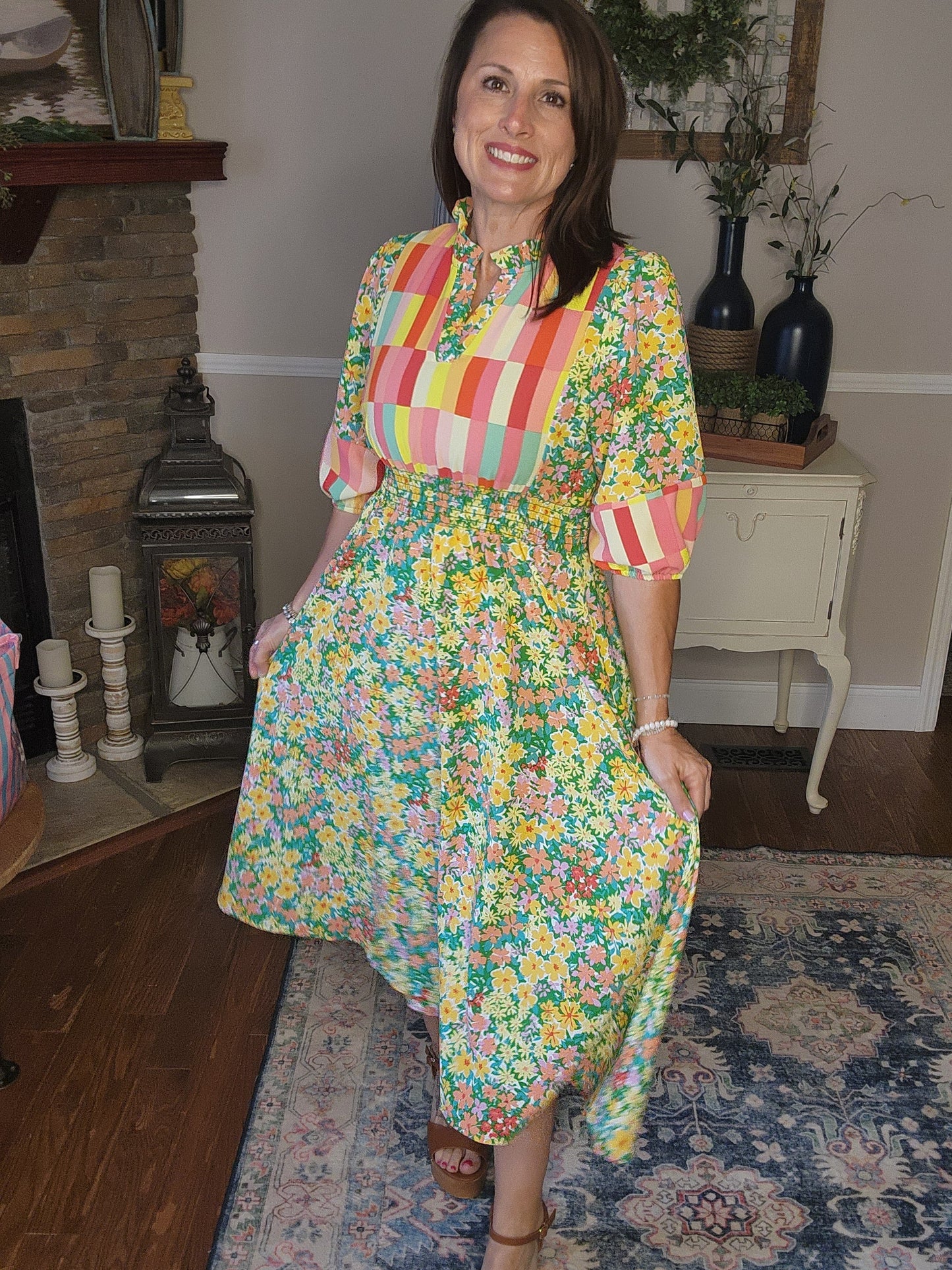 Color Block Yoke/Floral Dress