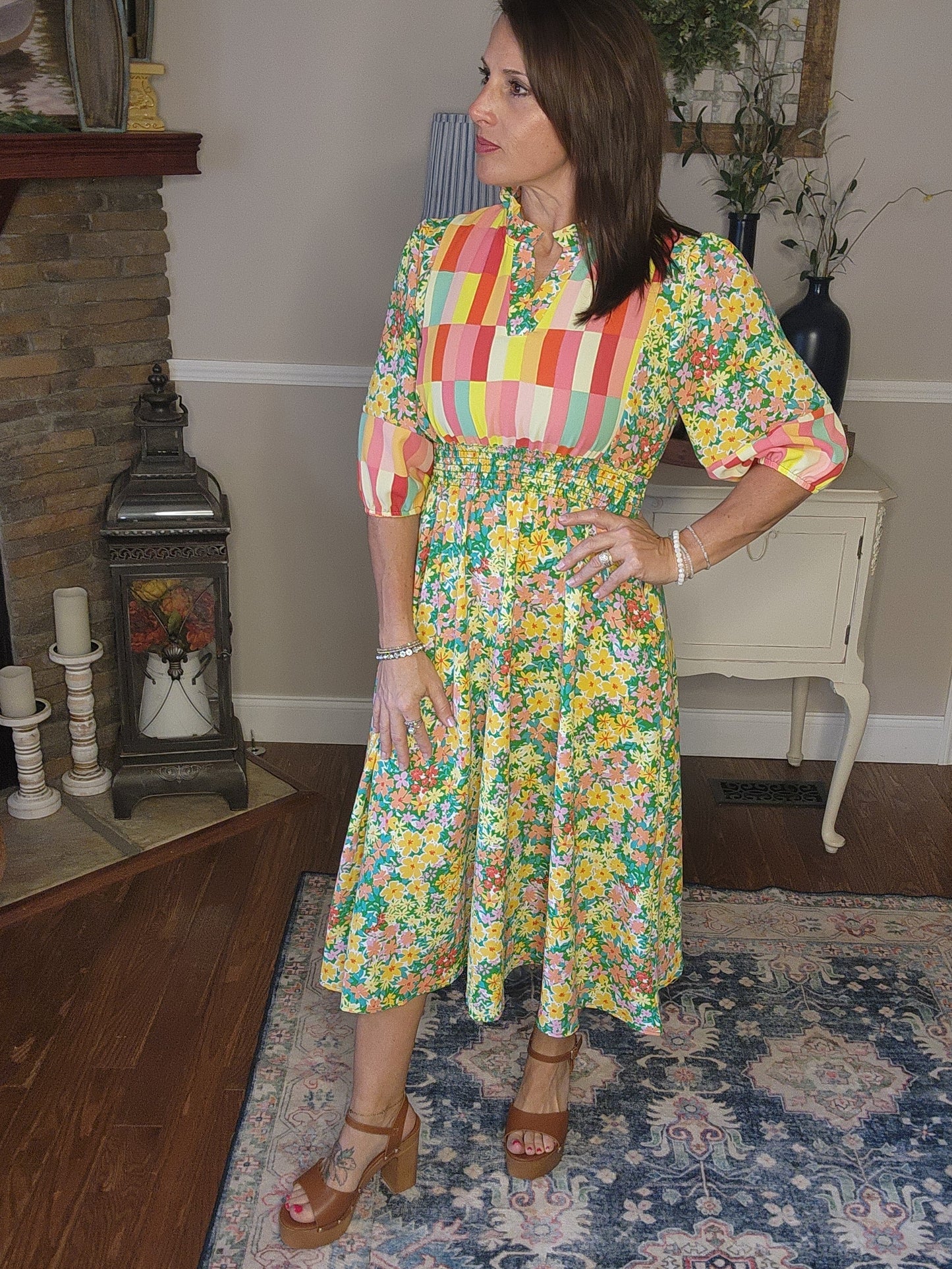 Color Block Yoke/Floral Dress