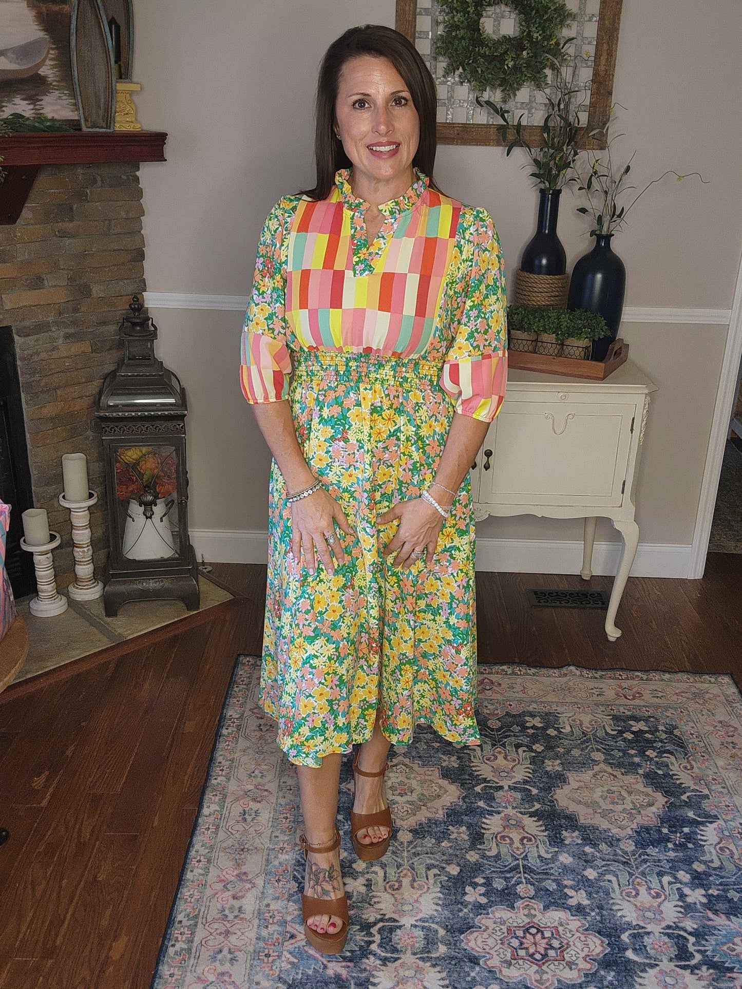 Color Block Yoke/Floral Dress