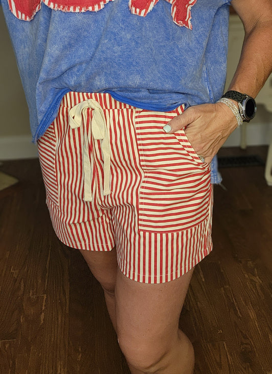 Red&White Striped Shorts with Pockets