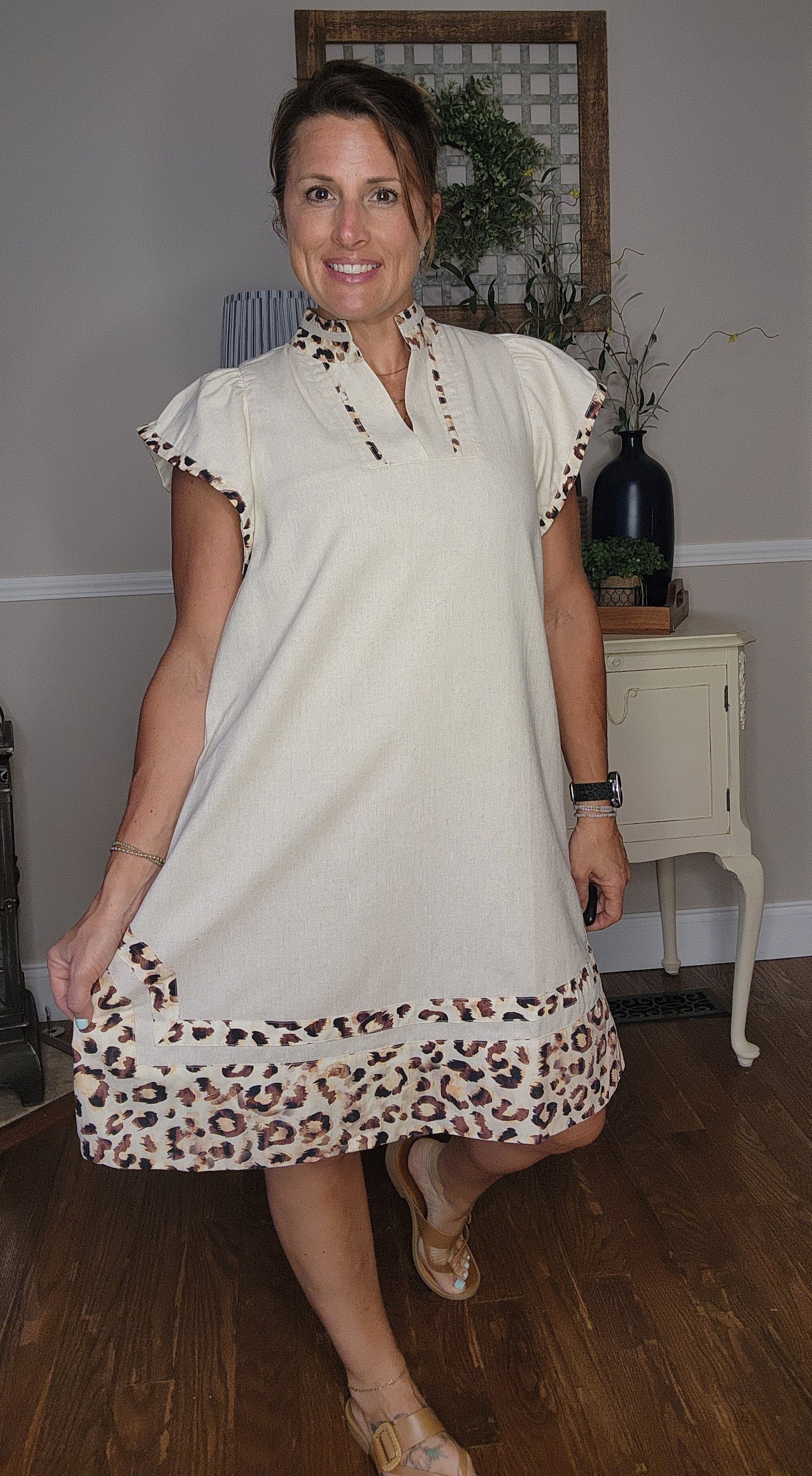 Linen Mini Dress w/Leopard Details