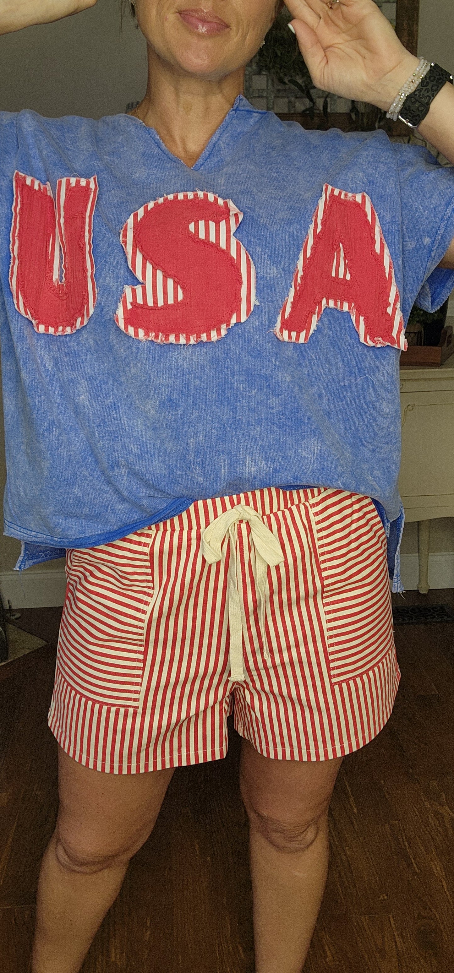 Red&White Striped Shorts with Pockets